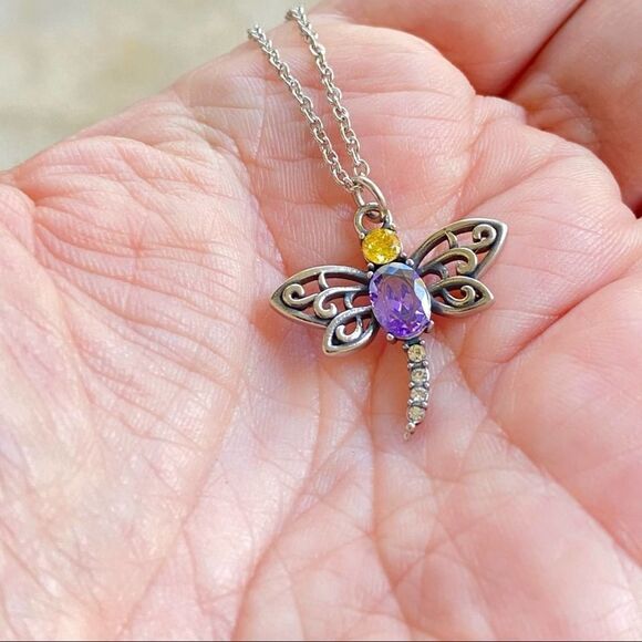 Dragonfly Purple & Yellow CZ Stainless Steel Necklace - Picture 3 of 3